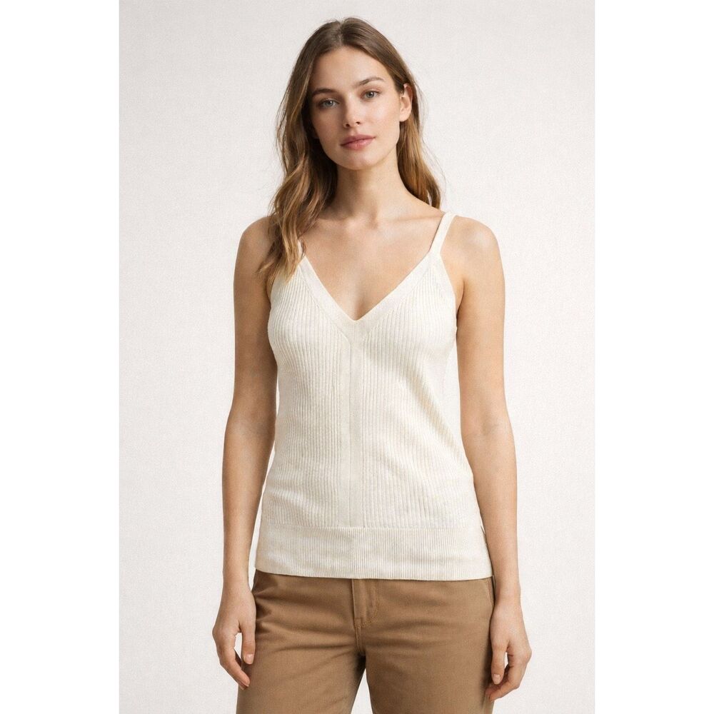 Mango Basics Ribbed V Neck Cami Tank Top Cream XS Stretch
